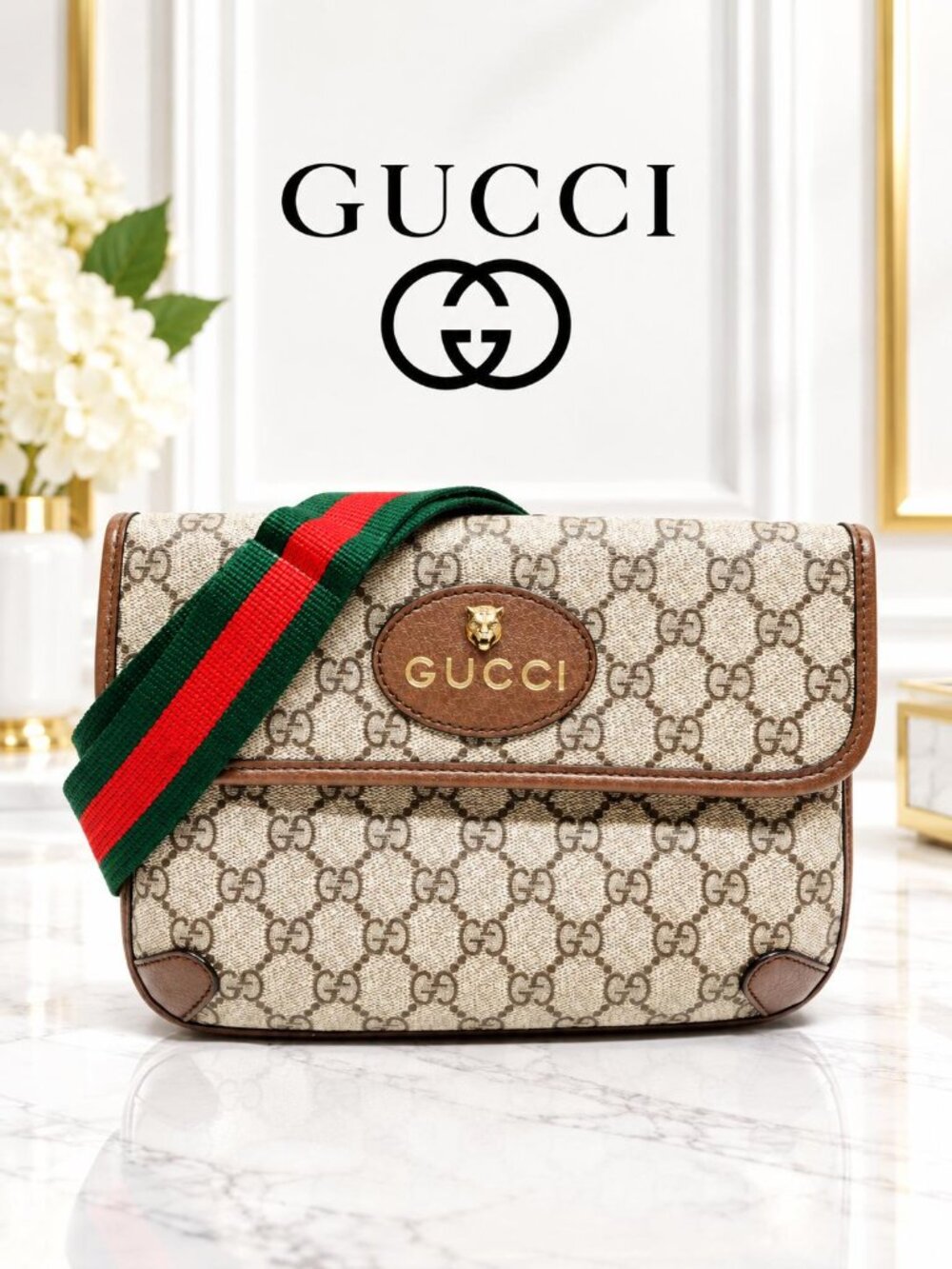 Authentic Gucci Waist Pouch Sherry Line GG Supreme Web Stripe Belt Bag